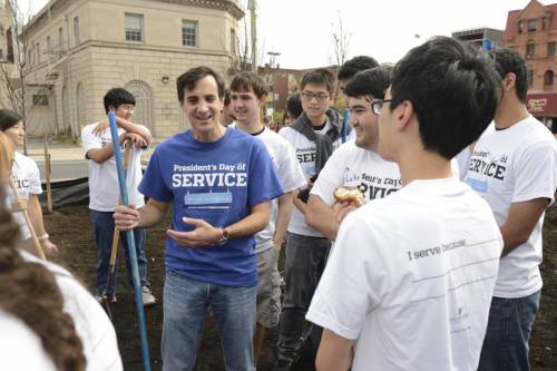 President Daniels with a group of volunteers during a President's Day of Service