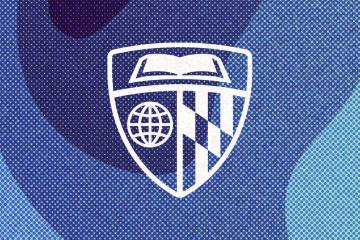Johns Hopkins University Shield overlaid on a field of blue