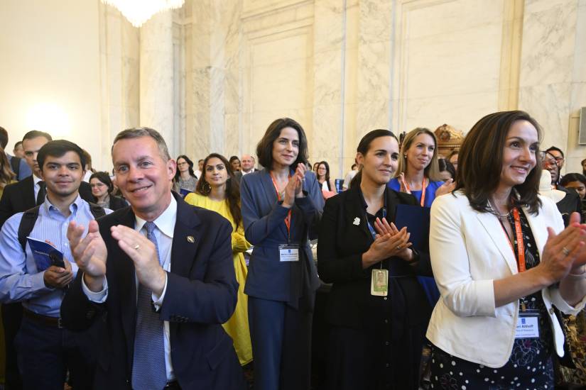 More than 500 legislators, delegates, congressional staffers, and representatives from government agencies convened with Johns Hopkins faculty and staff at the 2023 Hopkins on the Hill event in the historic Kennedy Caucus Room of the Russell Senate Office Building on Capitol Hill.
